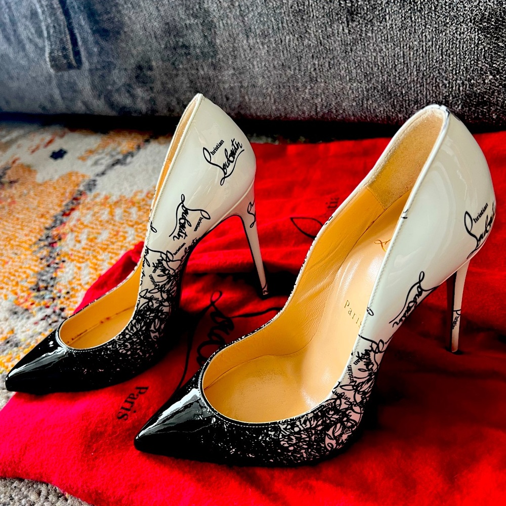 Christian Louboutin White and black Paris 100 Red Bottom Pumps size 38